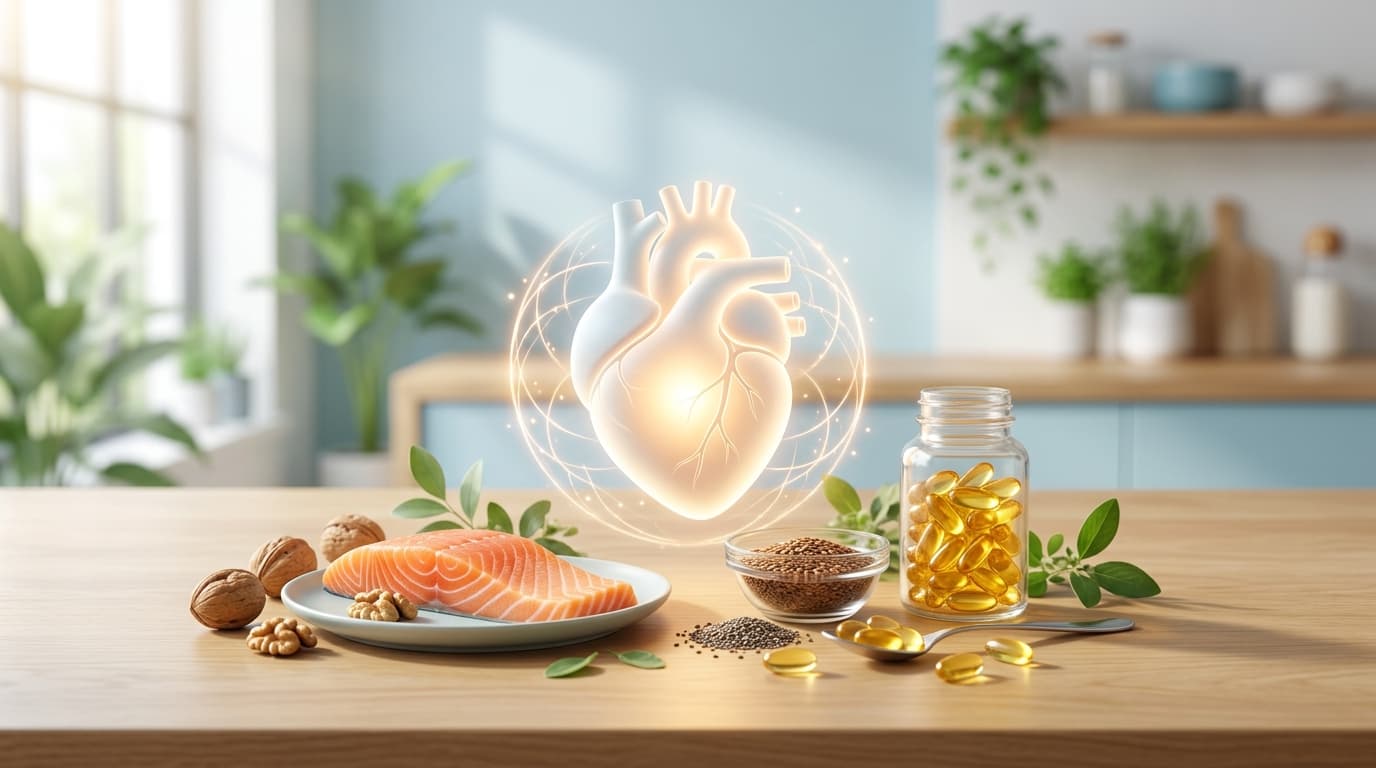 Capsule di Omega 3 con rappresentazione grafica di un cuore sano